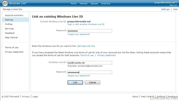 Windows Live Account 更新: 链接 Windows Live ID