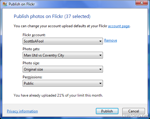 Windows Live Photo Gallery 支持上传照片至 Flickr