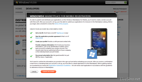 Windows Marketplace for Mobile 注册