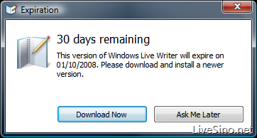 Windows Live Writer 技术预览版提示错误过期信息