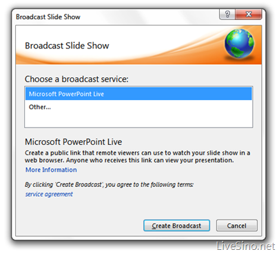 PowerPoint 2010 支持将演示文档发布至 PowerPoint Live 