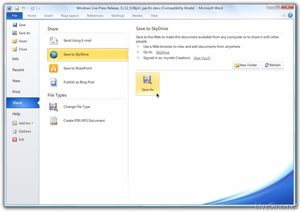 Microsoft Office 2010 Beta 2 已出现同步至 SkyDrive 功能