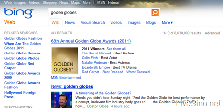 金球奖：Bing 即时结果、可视化搜索和 MSN 娱乐专题