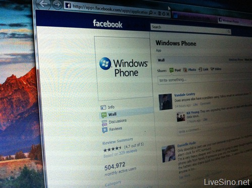 Facebook 的 Windows Phone 7 应用活跃用户数突破 50 万
