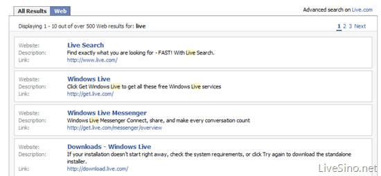 Facebook 中已整合 Live Search 搜索