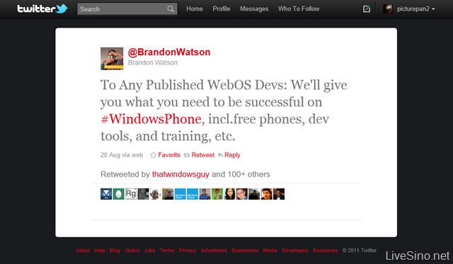 Brandon Watson：微软愿意向 webOS 开发者提供免费 WP7 手机