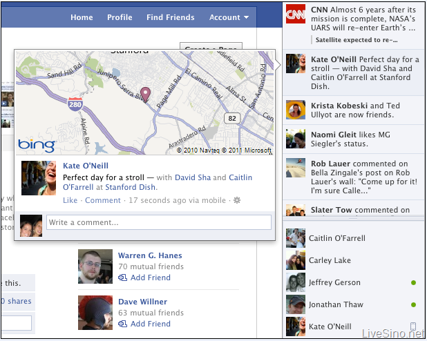 Facebook Timeline 和 Ticker 地图由 Bing Maps 驱动