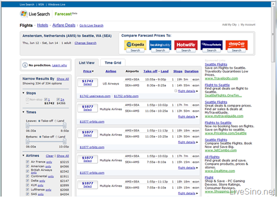 新 Live Search 服务: Farecast – 搜索、订阅航班服务