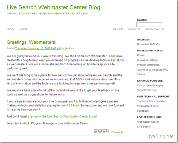 Live Search Webmaster Center  官方博客