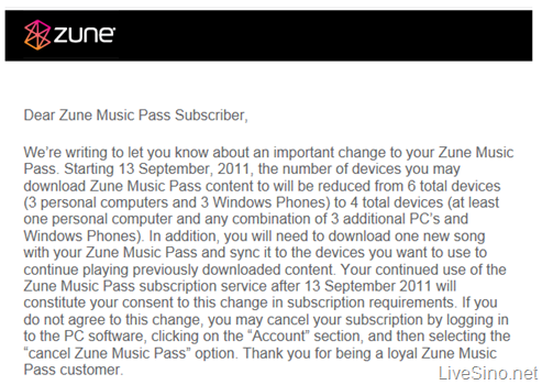 Zune Pass 套餐改动，授权设备降为 4 部