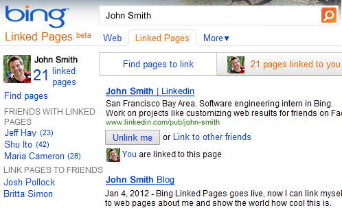 Bing 推出 Linked Pages，进一步完善 Facebook 人物搜索