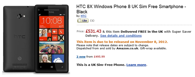 Amazon 英国页面显示无锁版 HTC 8X 售价 £531.43，发售时间 11 月 8 日