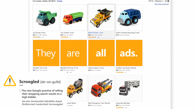 继搜索盲测挑战之后，微软推出“Scroogled”广告针对 Google 购物竞价排名