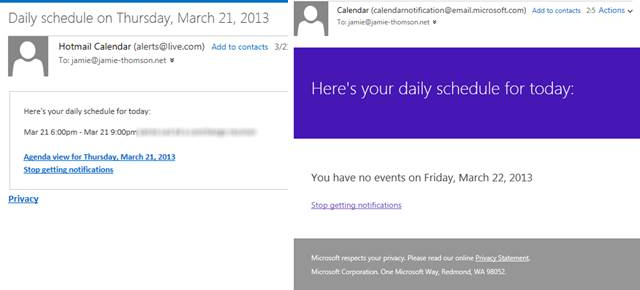 Outlook.com 日历通知邮件更新为 Metro 界面