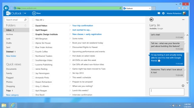 微软宣布 Outlook.com 消息支持 Google Talk 聊天