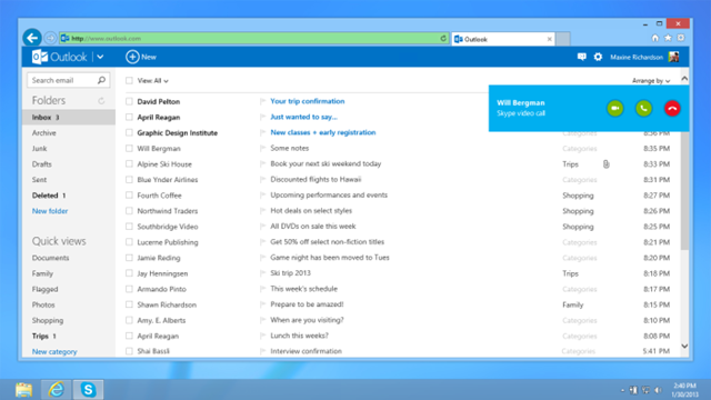 Skype for Outlook.com 预览版开始部署