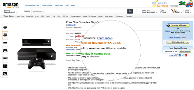 Amazon 更新 Xbox One 上市日期：11 月 27 日