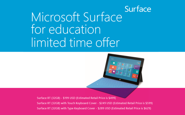 Surface RT $199 教育优惠折扣推出，以及教育赠送