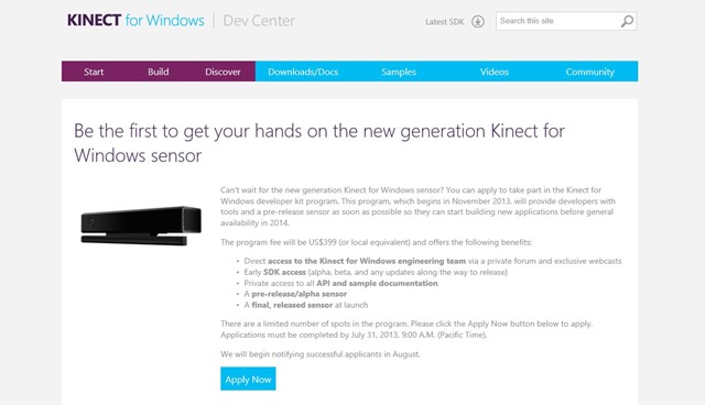 Xbox One 版 Kinect for Windows 开放开发者预订