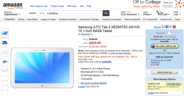 三星 ATIV Tab 3 Windows 8 平板上架 Amazon