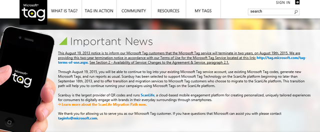 微软 Microsoft Tag 二维码技术将于 2015 年关闭