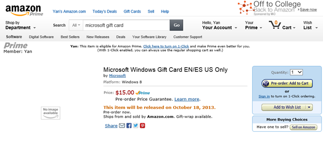 Amazon 开始接受 Windows 礼品卡预订