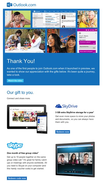 Outlook.com 早期用户获赠额外 SkyDrive 扩容