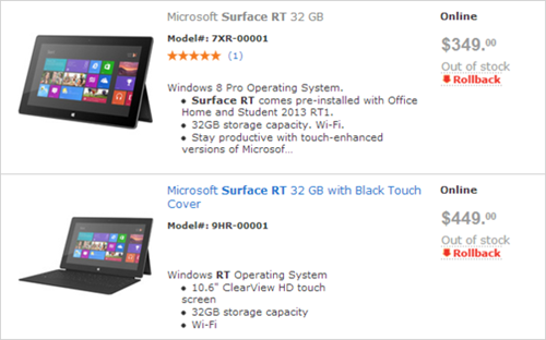 Surface RT 32GB 已在沃尔玛售罄