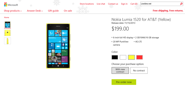 Lumia 1520 AT&T 合约价 $199，本月 15 日上市