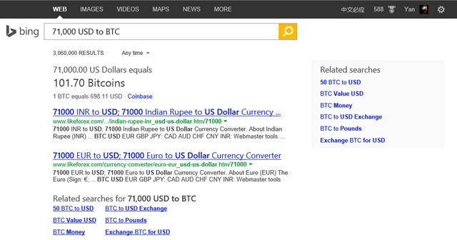 必应 Bing 提供比特币（Bitcoin）汇率换算工具