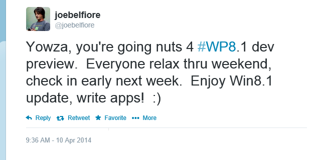 Joe Belfiore：下周初发布 WP8.1 开发者预览版