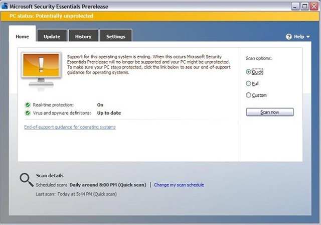 Microsoft Security Essentials 4.5 测试版提醒用户 XP 支持将结束