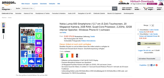Lumia 930 在 Amazon 法国和德国开放预订