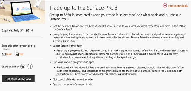 微软以旧换新：MacBook Air 最多可抵 650 美元购买 Surface Pro 3