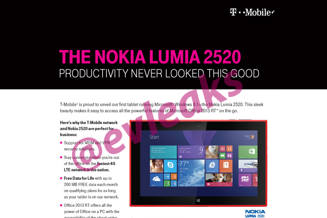 传 T-Mobile 将销售诺基亚 Lumia 2520 平板