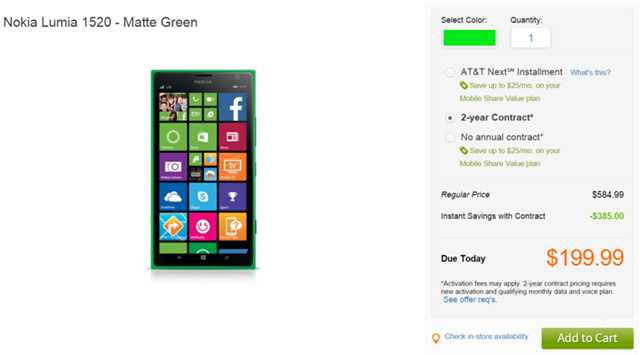 AT&T 开始销售绿色版 Lumia 1520