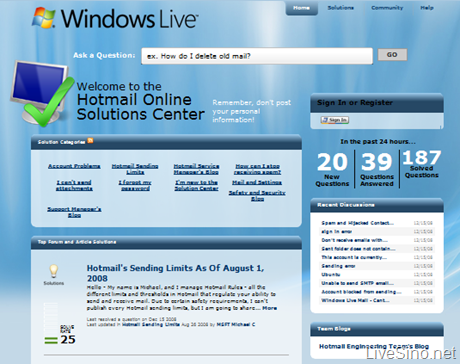 Windows Live Solutions Center (Hotmail) 站点开放
